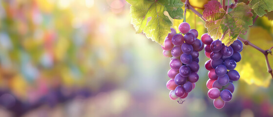 Sunny vineyard with bunches of grapes