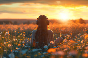 Rear view of a girl with long hair in large headphones sitting in a field of flowers at dawn, sunset. Generated by artificial intelligence