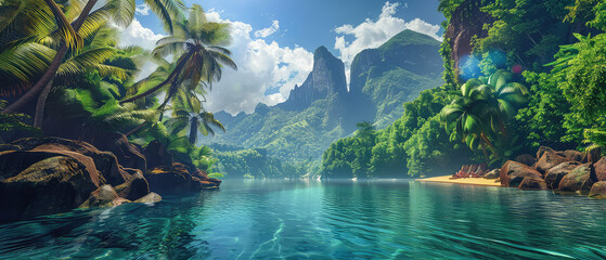 Tropical paradise with lush greenery and mountain - Powered by Adobe