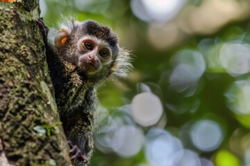Obraz premium Small Marmoset Monkey Sitting on Tree. Cute Wild Primate Ape Creature