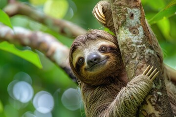 Naklejka premium Sloth Hanging in a Rainforest of Costa Rica. Cute and Funny Wild Animal portrait of Bradypus
