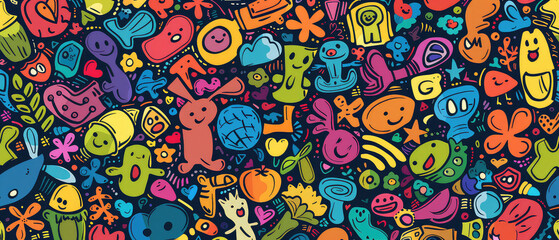 Eclectic Doodle Characters on Dark Background