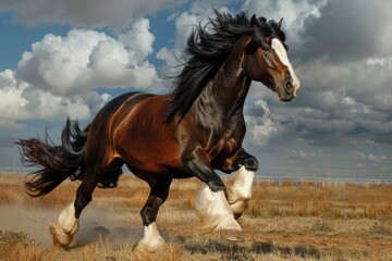 Shire Horse Clydesdale Horse. Powerful Draft Horse Standing Tall in Brown and Black Coat - obrazy, fototapety, plakaty