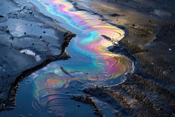 Fototapeta premium Rainbow Oil Slick on Asphalt Background. A Colorful Depiction of Oil Spill in Water