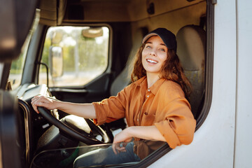 Truck driver woman, trucker occupation in Europe for females. People and industrial transportation...