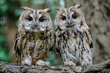 Tawny Owls on a Branch - Exquisite Feathers and Sharp Talons of Two Owls on a Tawny Background - obrazy, fototapety, plakaty