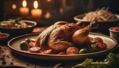 Baked whole chicken with vegetables close-up on plate on table. Delicious roasted poultry meat dinner.