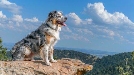 Australian Shepherd sitting on rocks in the forest with blue sky. Tongue is out.