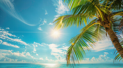 Fototapeta na wymiar Palm tree's vibrant green leaves sway gently against the backdrop of a sun-kissed tropical beach.
