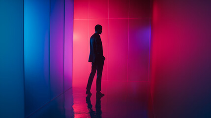 Silhouette of man against a dark background with neon inserts. A man poses against a dark background. Photo shoot concept.