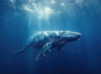 A majestic blue whale gracefully glides through the deep, crystal clear waters of an ocean with sunlight filtering down from above. Created with Ai