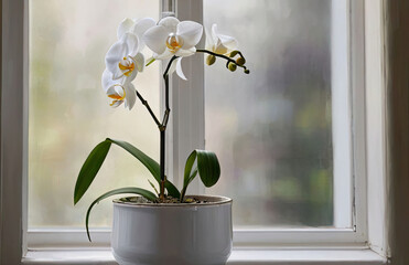 Blooming orchid in a ceramic pot on the windowsill