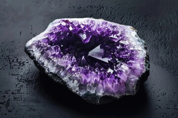 Stunning Amethyst Geode on Dark Background. Natural Crystal Gemstone for Jewelry & Decoration