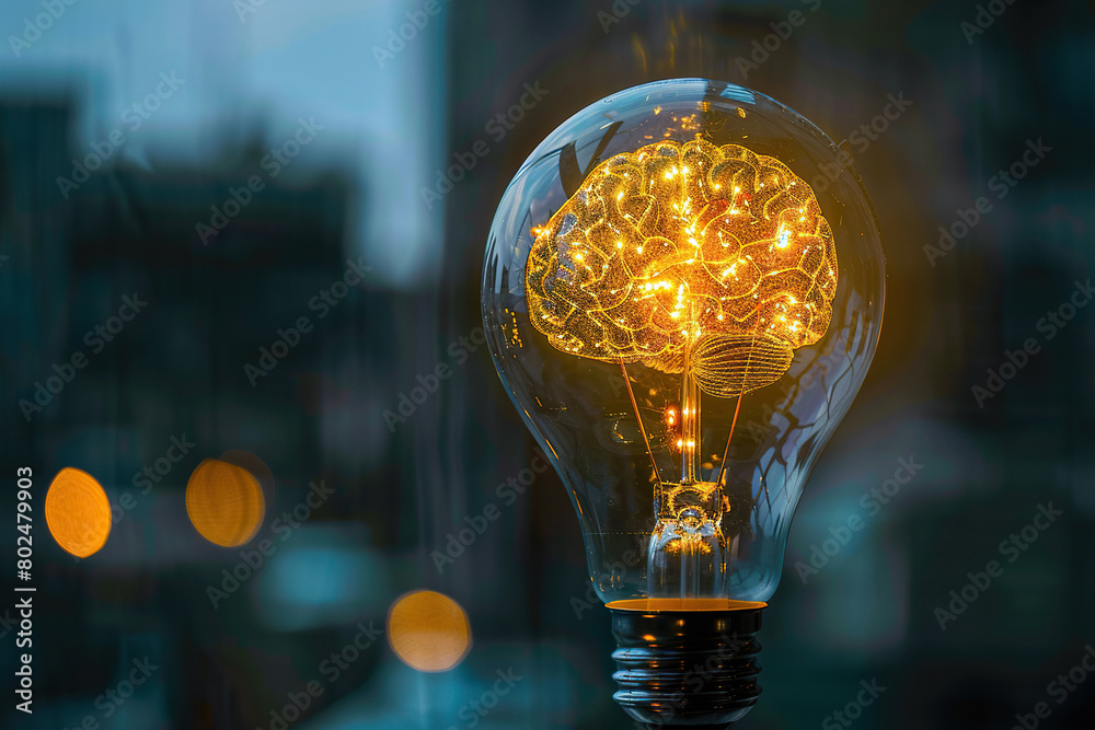 Wall mural light bulb with a picture of a brain inside in a yellow glow on a blurred background. generated by a
