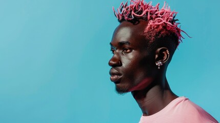 Obraz premium A vibrant portrait of a young man featuring a striking pink hairstyle against a blue background.