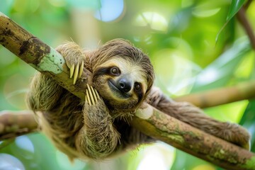 Naklejka premium Relaxed Brown-Throated Three-Toed Sloth Hanging on Tree Branch in Costa Rican Rainforest 