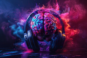 Large headphones are placed on a man's brain in clouds of pink dust. Generated by artificial intelligence