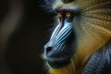Portrait of an African Mandrill, Face of a Primate Monkey from Cameroon in Wildlife Habitat - obrazy, fototapety, plakaty