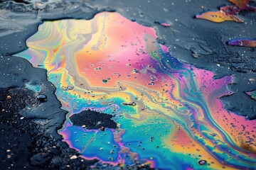 Fototapeta premium Rainbow Oil Slick Background. Colorful Oil Spill Effect on Water, Asphalt or Gasoline for Pollution