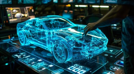 Green Energy Car Design: Diverse Team of Automotive Enginers Using Augmented Reality Hologram to Construct 3D Model of High-Tech Electric Engine Turbine. Futuristic Automated Robot Arm Manufacturing