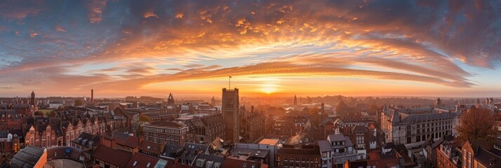 Breathtaking Sunset Landscape: Stunning Aerial View of City Architecture and Skyline