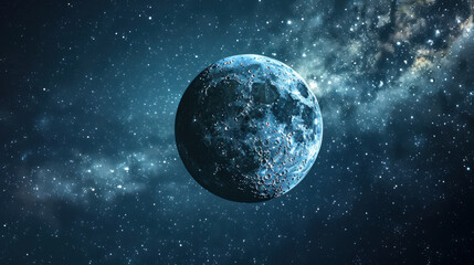 Fototapeta premium The Moon, with its craters, floats in the darkness of space. Earth, a glowing orb at night, hangs behind it.