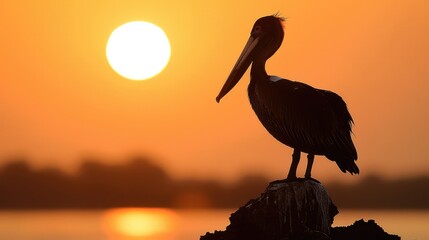 Pelican Silhouette in Sunset Light. Gorgeous Hunter Bird Diver with Life of Feathered Migratory