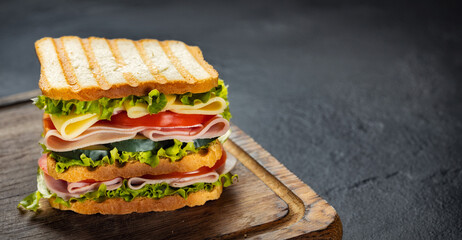Big sandwich with vegetables ham and cheese copy space