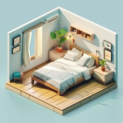 Isometric Bedroom - 3D Generative AI Illustration of a Cute Tiny Bedchamber