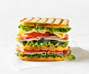 Big sandwich with vegetables and ham close up