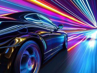 A sleek car races through a tunnel of vibrant neon lights, conveying a sense of speed and modern technology.