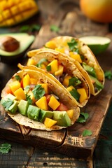 Avocado and mango tacos on rustic wooden board. Tropical food concept. Summer vacation. Design for menu, banner, poster.