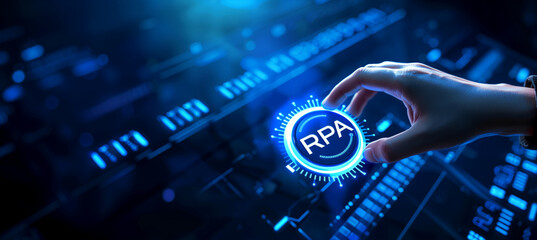 of a hand using a virtual reality interface to press an "RPA" button, merging VR with robotic process automation, set against a dark blue, futuristic environment, Robotic process a