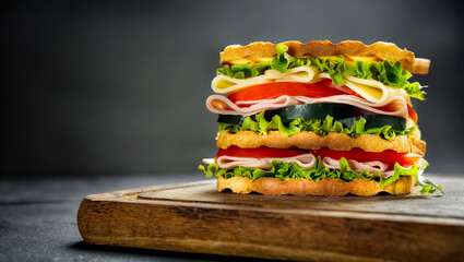 Big sandwich with vegetables and ham copy space