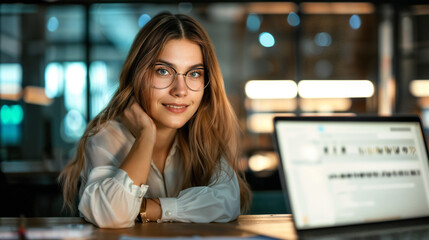Bella donna mentre lavora con un pc portatile in un moderno ufficio