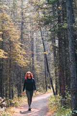 Fototapeta premium Woman hiking along a trail through the woods on a sunny day