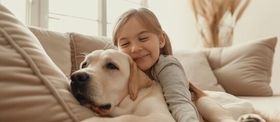 A child with a dog. A girl with a labrador at home. Little girl hugging big white labrador and smiling. Kids and pets