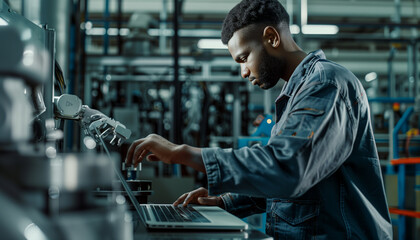 Fototapeta na wymiar showing a maintenance engineer in a high-tech facility, intently using a laptop to program a precise robotic hand assembly line, Robotic process automation, Soft and diffused shado