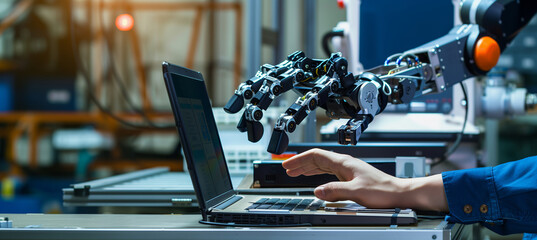 depicting an engineer programming a robotic hand via laptop for a complex assembly task, highlighting the interaction between technology and human expertise, Robotic process automa