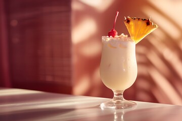 Pineapple cocktail on red background. Tropical drink for summer party. Refreshing beverage concept. Exotic fruit lemonade. Banner, menu with copy space