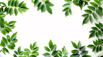 Obraz premium A row of green leaves are arranged in a line on a white background