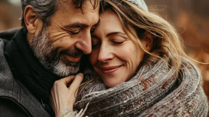 Portrait of an adult couple in love hugging in the park. Happy man and woman enjoying time together outdoors. Concept of walking, love.