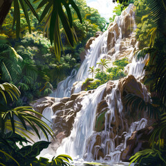 Cascade waterfall  in tropical jungle forest, rocks and mountains, flowing water , stromy stream. Photorealistic illustration