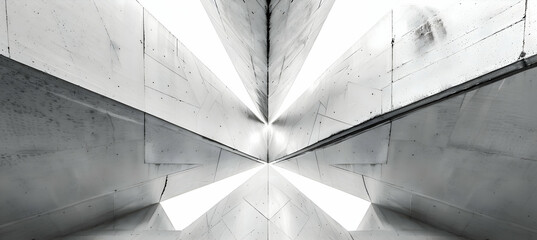 A photo of a structured geometric layout with sharp angles and lines in black and white, emphasizing symmetry and balance