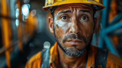 Obraz premium Portrait of a Mexican worker with a tired look after hard work as a firefighter. A young firefighter in a bright yellow helmet with soot on his cheeks after his shift.