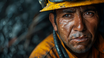 Portrait of a Mexican worker with a tired look after hard work as a firefighter. A young firefighter in a bright yellow helmet with soot on his cheeks after his shift.