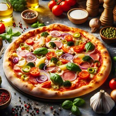 Gourmet Delight, A Colorful Assortment of Fresh Ingredients on a Delicious Pizza