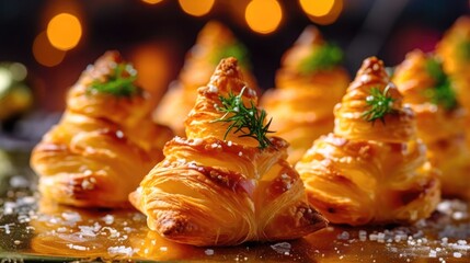 Christmas trees made of puff pastry with ham and rosemary sprig. dish for the Christmas table. 