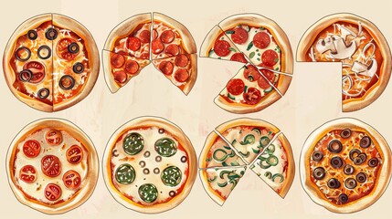 An illustration featuring pizzas divided into fractions, serving as a playful educational tool to help children learn about fractions through a familiar food item