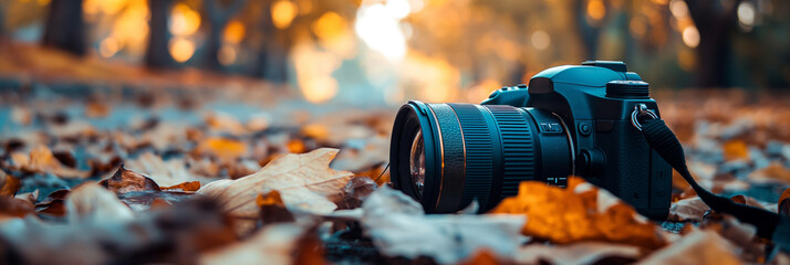 A professional DSLR camera lying amongst vibrant autumn leaves, representing the art of capturing the beauty of seasons - Powered by Adobe